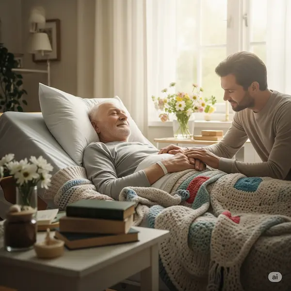Hombre mayor en la cama con su hijo.